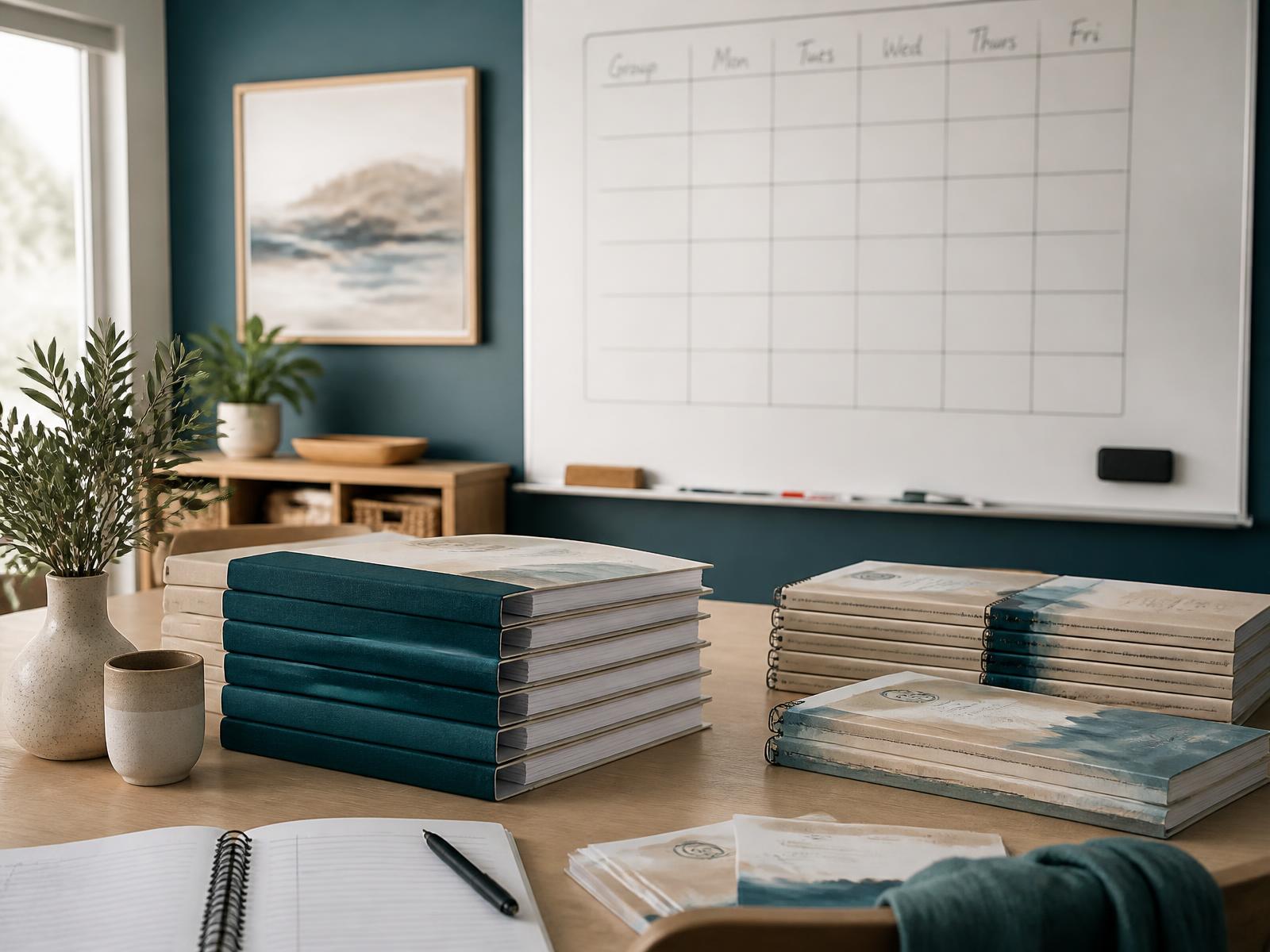 Curriculum binders and facilitator guides on a planning table beside a weekly schedule board
