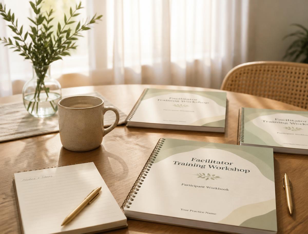 Facilitator training workbooks on a table in soft daylight